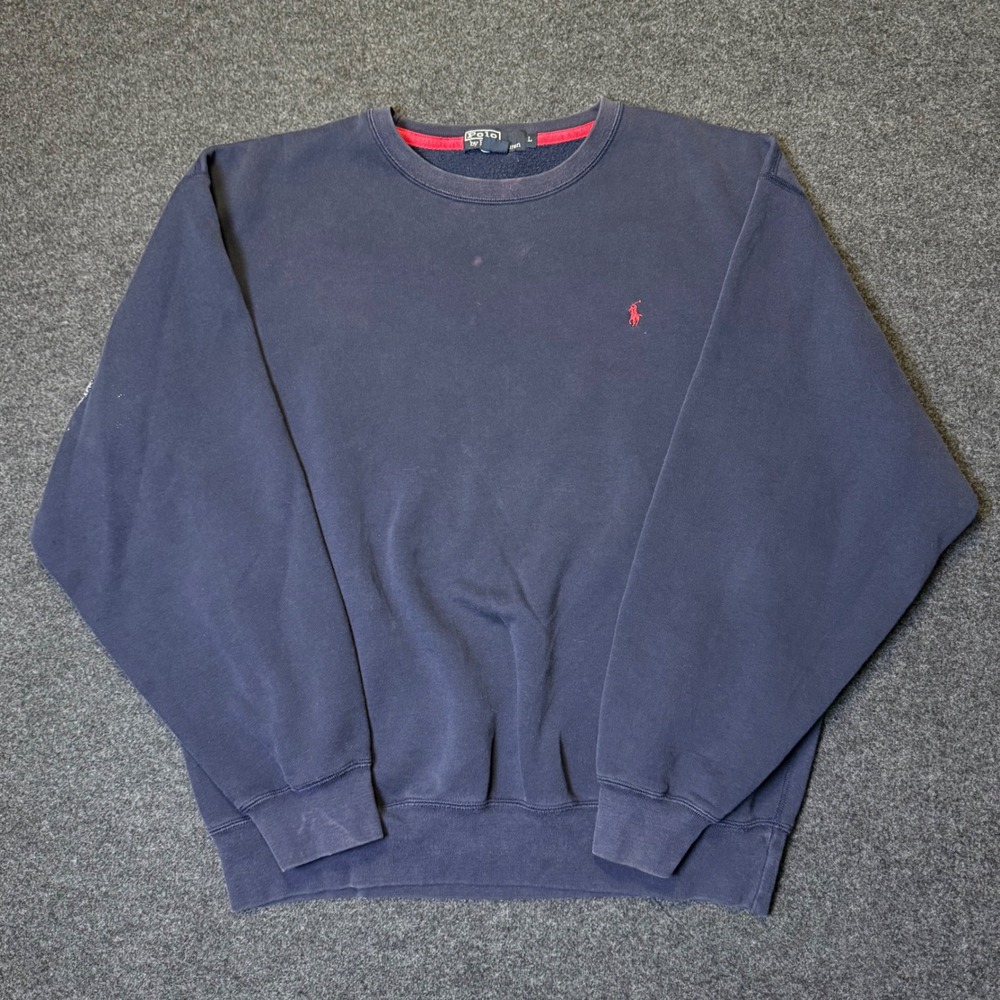 Polo Ralph Lauren Sweatshirt Mens L Navy Blue Distressed Crewneck Fleece Pony